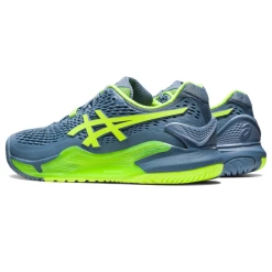 Asics Men's Gel Resolution 9 Tennis Shoes Steel Blue Hazard Green -Tecnifibre shop SMAC30184Resolution9SteelBlue P5