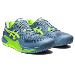 Asics Men's Gel Resolution 9 Tennis Shoes Steel Blue Hazard Green -Tecnifibre shop SMAC30184Resolution9SteelBlue P6